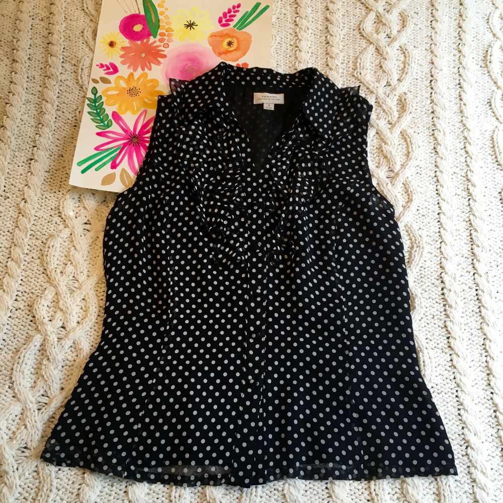 Tahari Polka Dot Ruffle Front Sleeveless Blouse